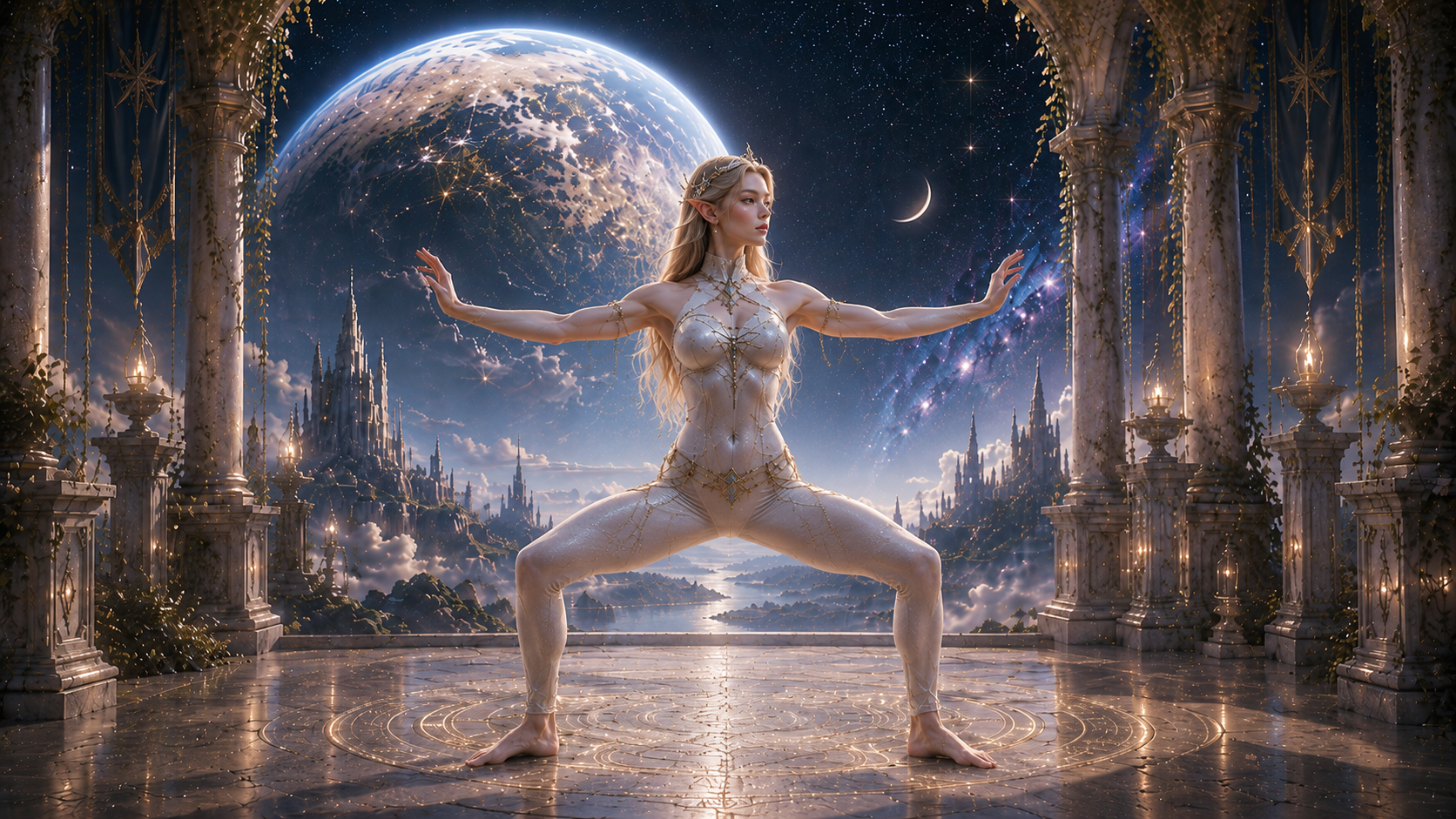 Tai Chi practice in a moonlit celestial temple