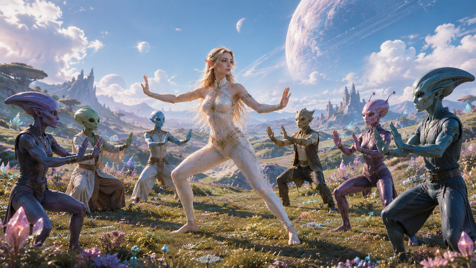 Group Tai Chi practice in a colorful cosmic meadow